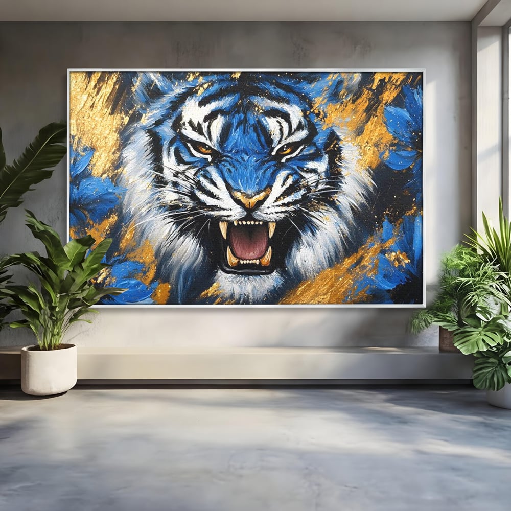 Tablou canvas cu tablou canvas cu tigru albastru si flori, in rama de aluminiu argintiu